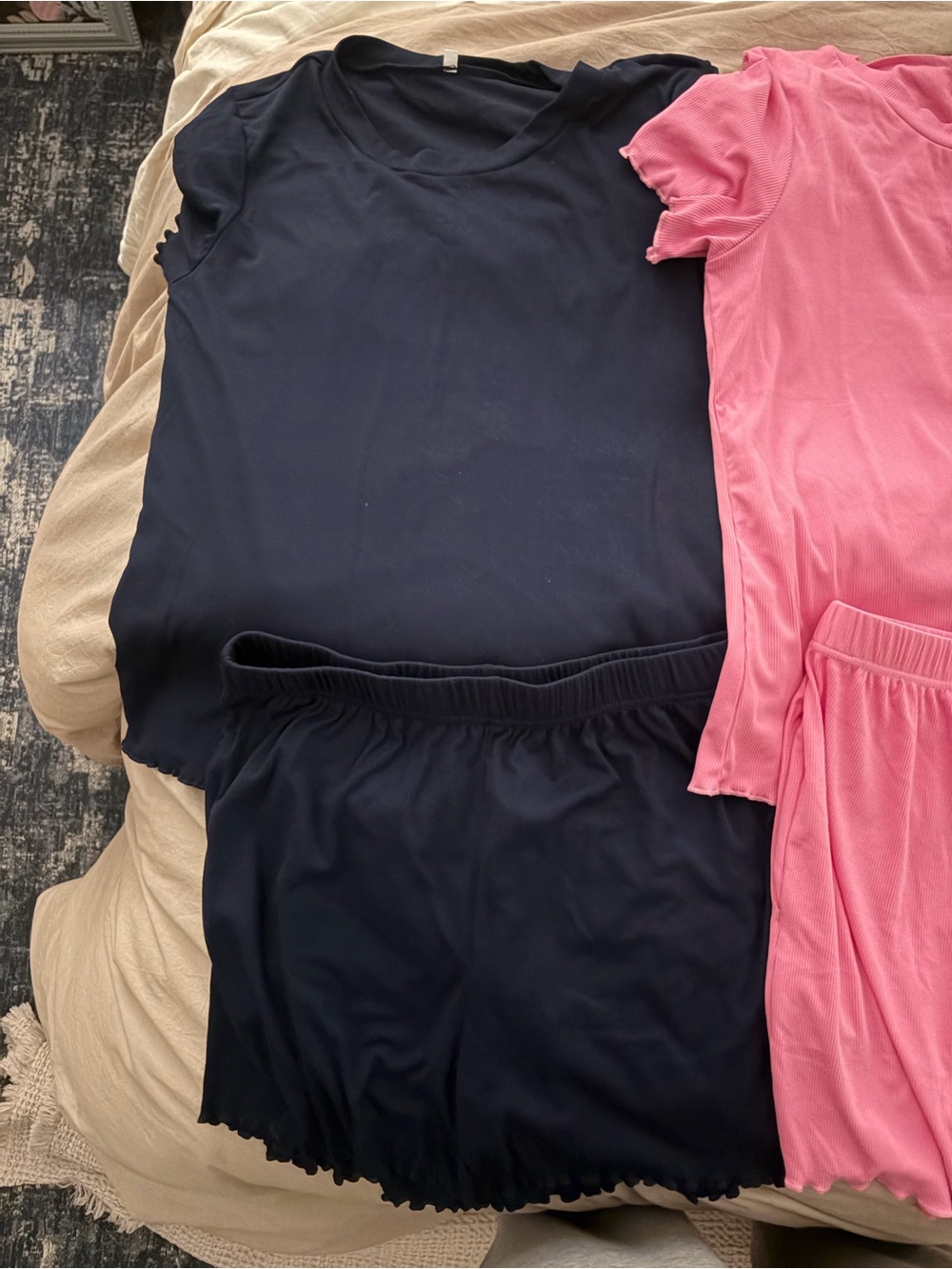 Women's Ribbed Short Sleeve Pajama Set - Pink & Navy - Picture 2 of 4